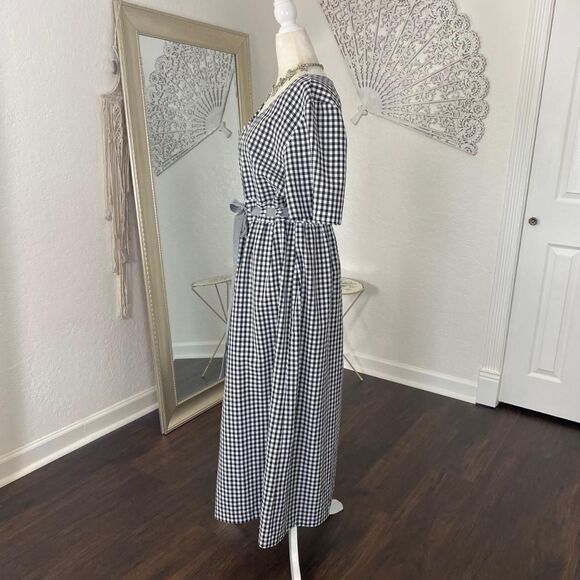 Vintage Made in USA Blue White Gingham Milkmaid Cottage Core Apron Midi Dress L - Picture 3 of 8